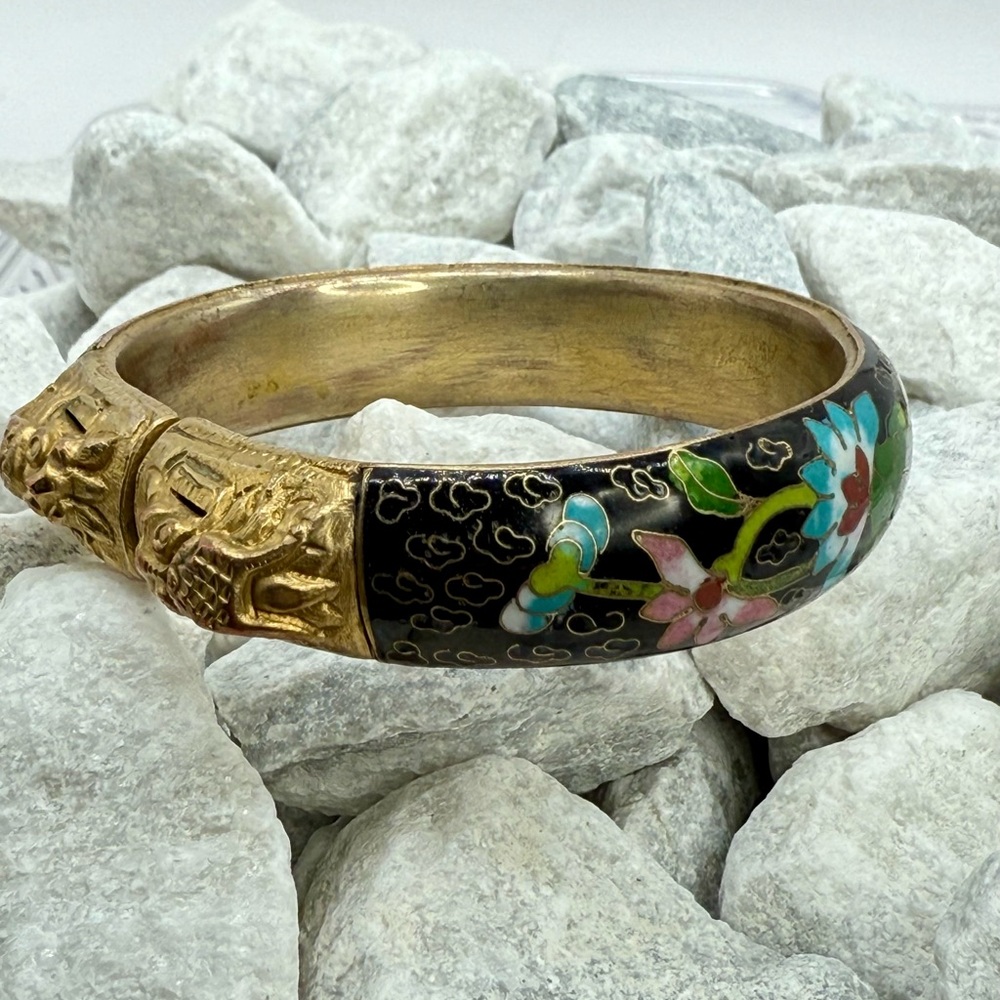 Vintage Cloisonné Twin Dragon Bangle Bracelet Black Enamel Floral 2.5” - Picture 4 of 17